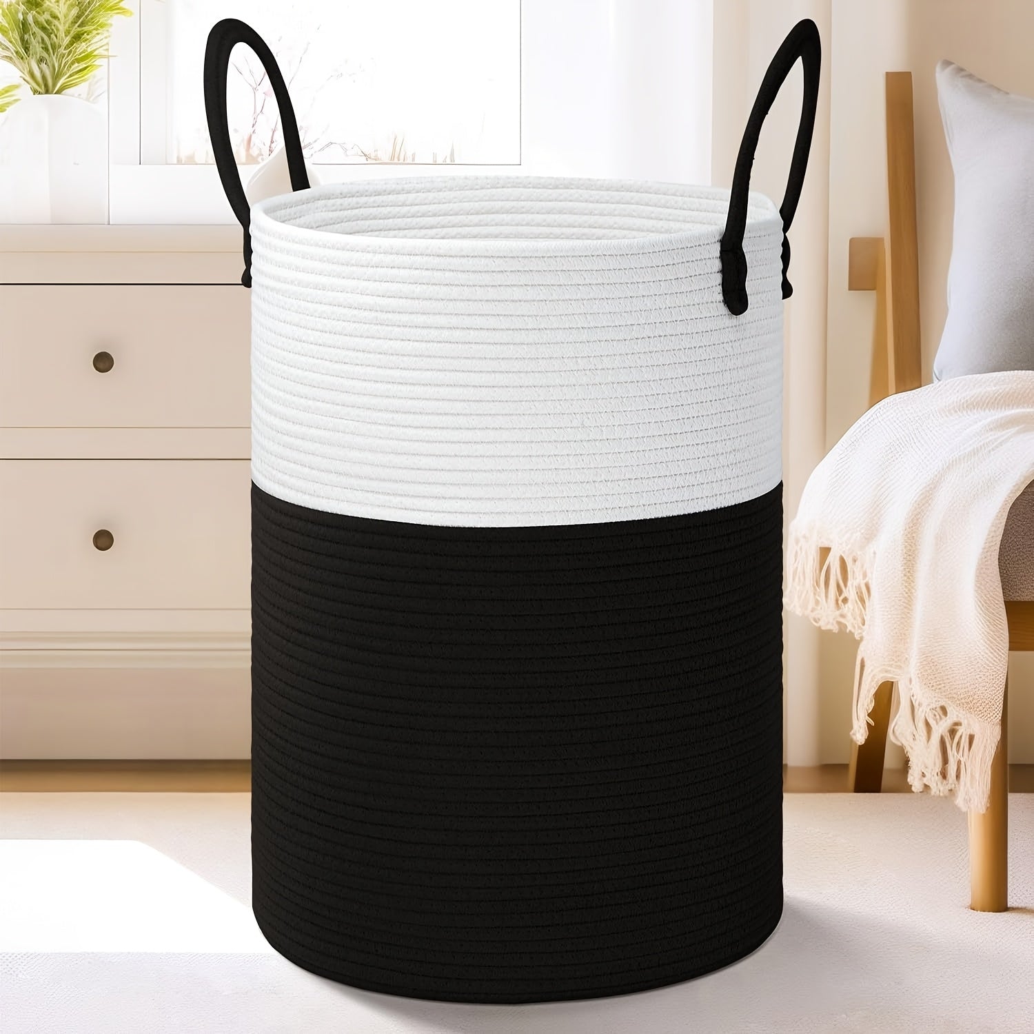Laundry Basket, Woven Rope Laundry Hamper, 60L\u002F 80L for Decor Storage of Dirty Clothes, Toys and Blankets in Bathroom, Room and Living Room