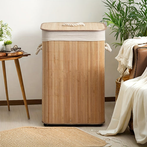 1pc Foldable Bamboo Laundry Basket with Collapsible Frame - Rattan Clothes Hamper, Space-Saving Rectangular Storage Bin for ' Room,, Dorm, Bathroom Organization (Easy Assembly), Laundry Baskets