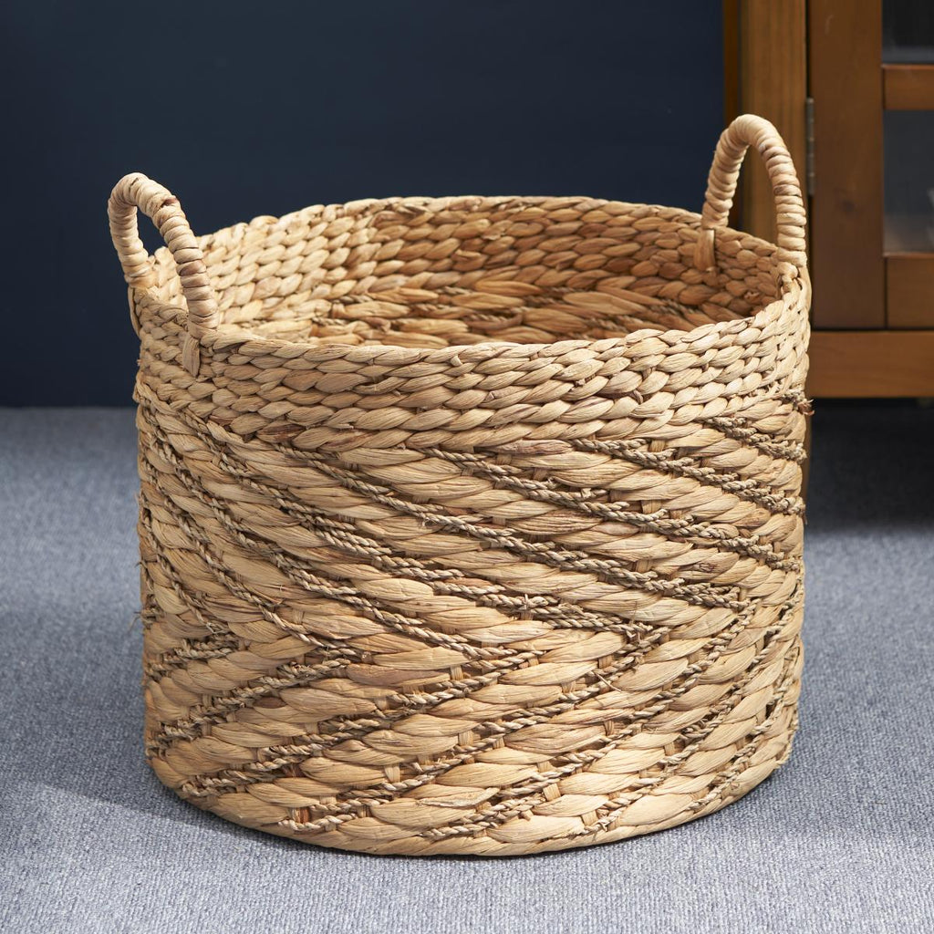 Rustic Round Water Hyacinth Woven Basket with Sturdy Handles - Natural Brown Suitable for Clothes, Towel, Magazine Storage, Farmhouse for, Bathroom, - Basket for Home Decor Accent, Shelf Baskets