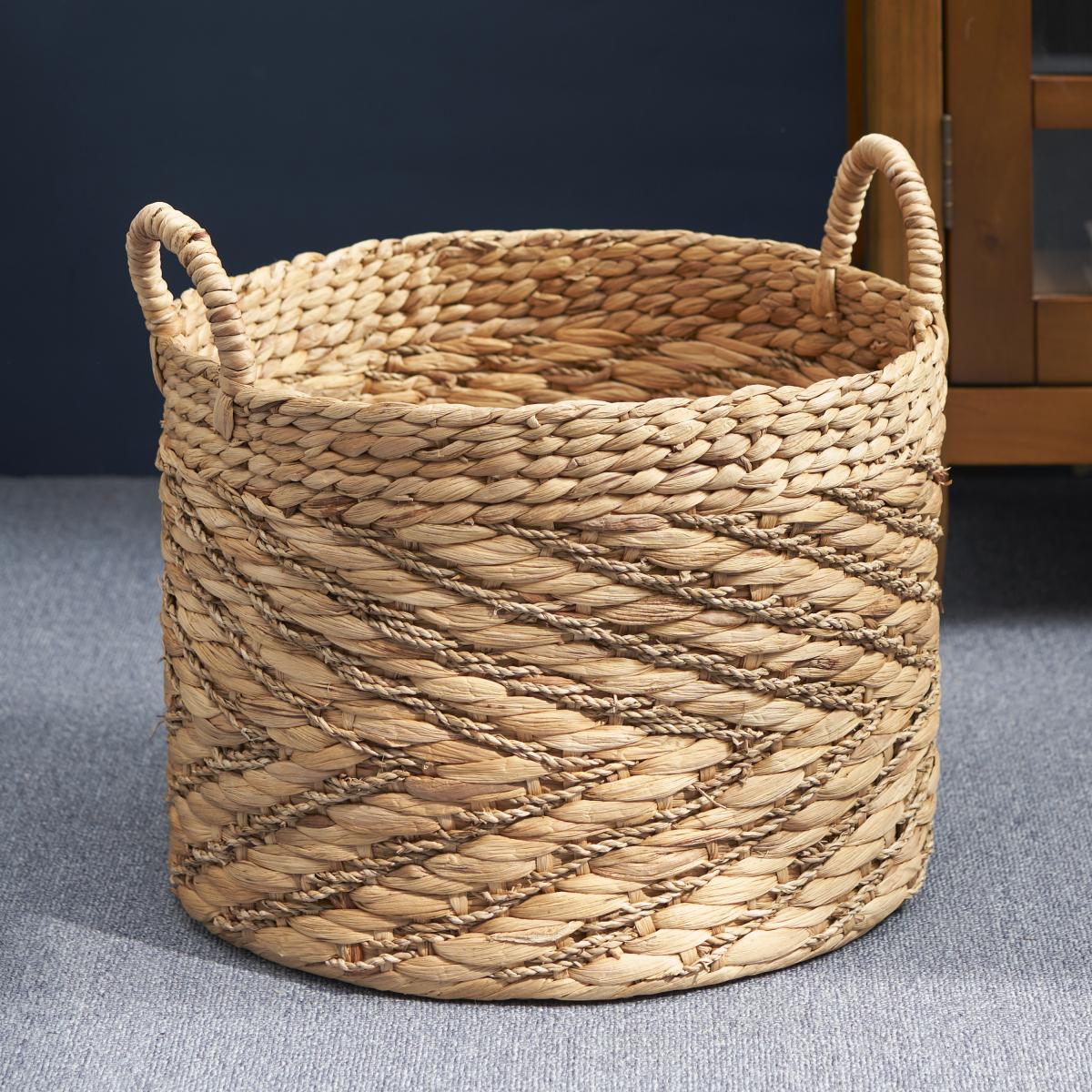 Rustic Round Water Hyacinth Woven Basket with Sturdy Handles - Natural Brown Suitable for Clothes, Towel, Magazine Storage, Farmhouse for, Bathroom, - Basket for Home Decor Accent, Shelf Baskets