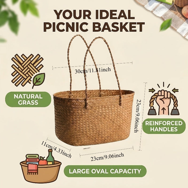 Vintage Handwoven Large Rattan Basket, Creative Outdoor Picnic Basket, Portable Home Storage Shopping Basket