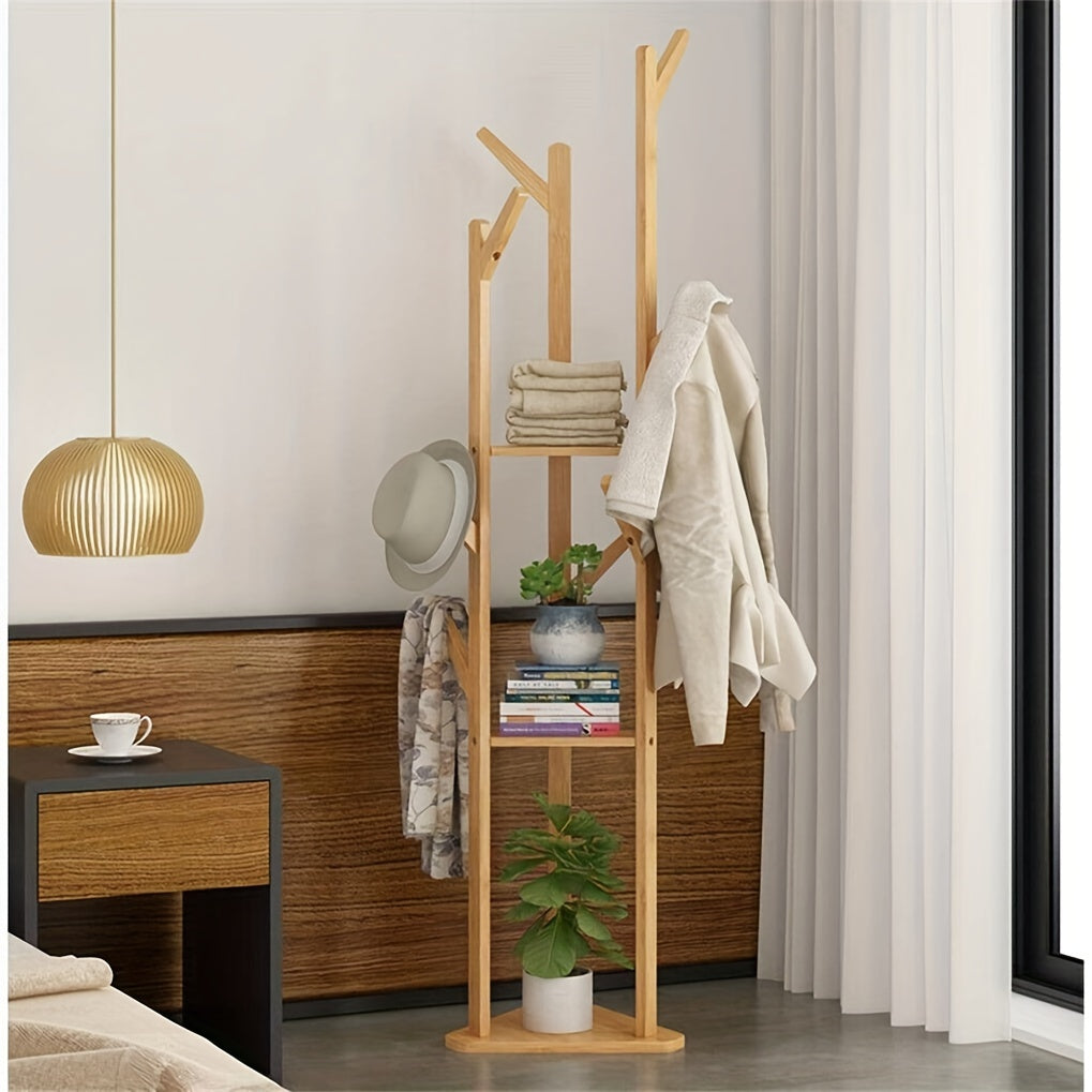 Bamboo Coat Stand Rack: Corner Clothes Hanger Sturdy with Shelf Wooden Coat Tree with 10 Hanging Hooks for Clothes, Coat Hat, Umbrella, Hallway Bedroom Entryway 64.17 x 13.78 x 13.78inch