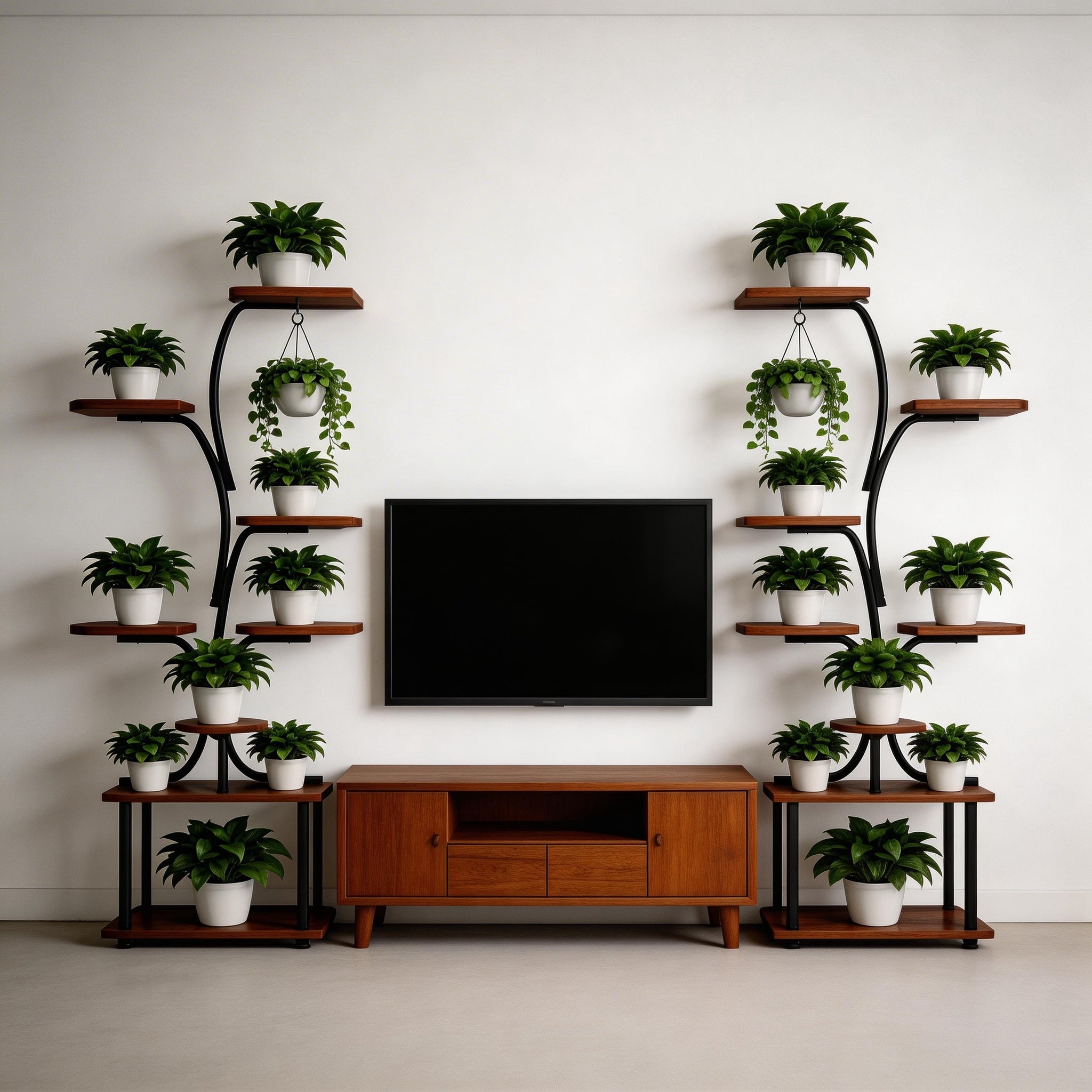 Tree-Style Multi-Tier Floor-Standing Plant Stand - Wrought Iron Structure - Indoor Living Room Greenery Display Rack - Pet-Safe Design - Space-Saving Wall-Hugging Placement