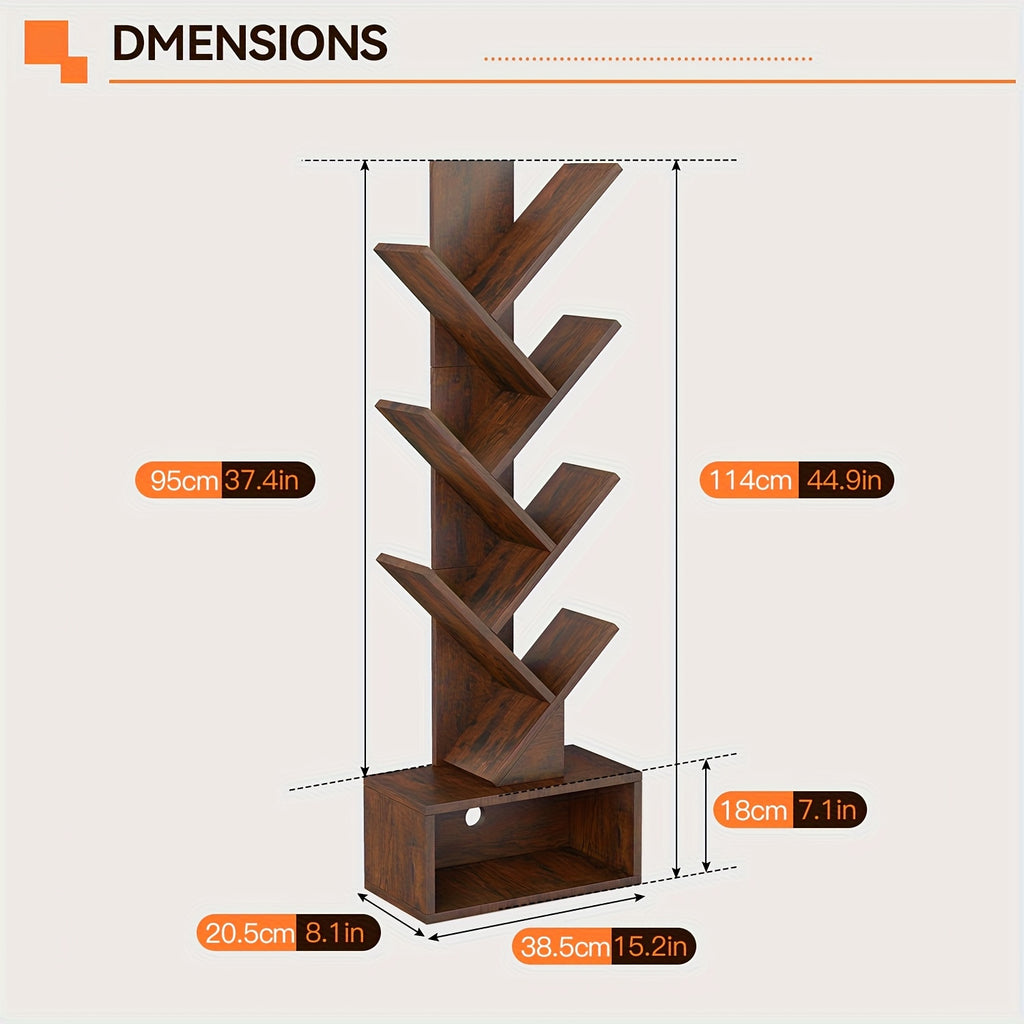 7-Tier Tree Bookshelf for Office, Tall And Slim Organizer, Rustic Brown Freestanding Bookcase with Storage