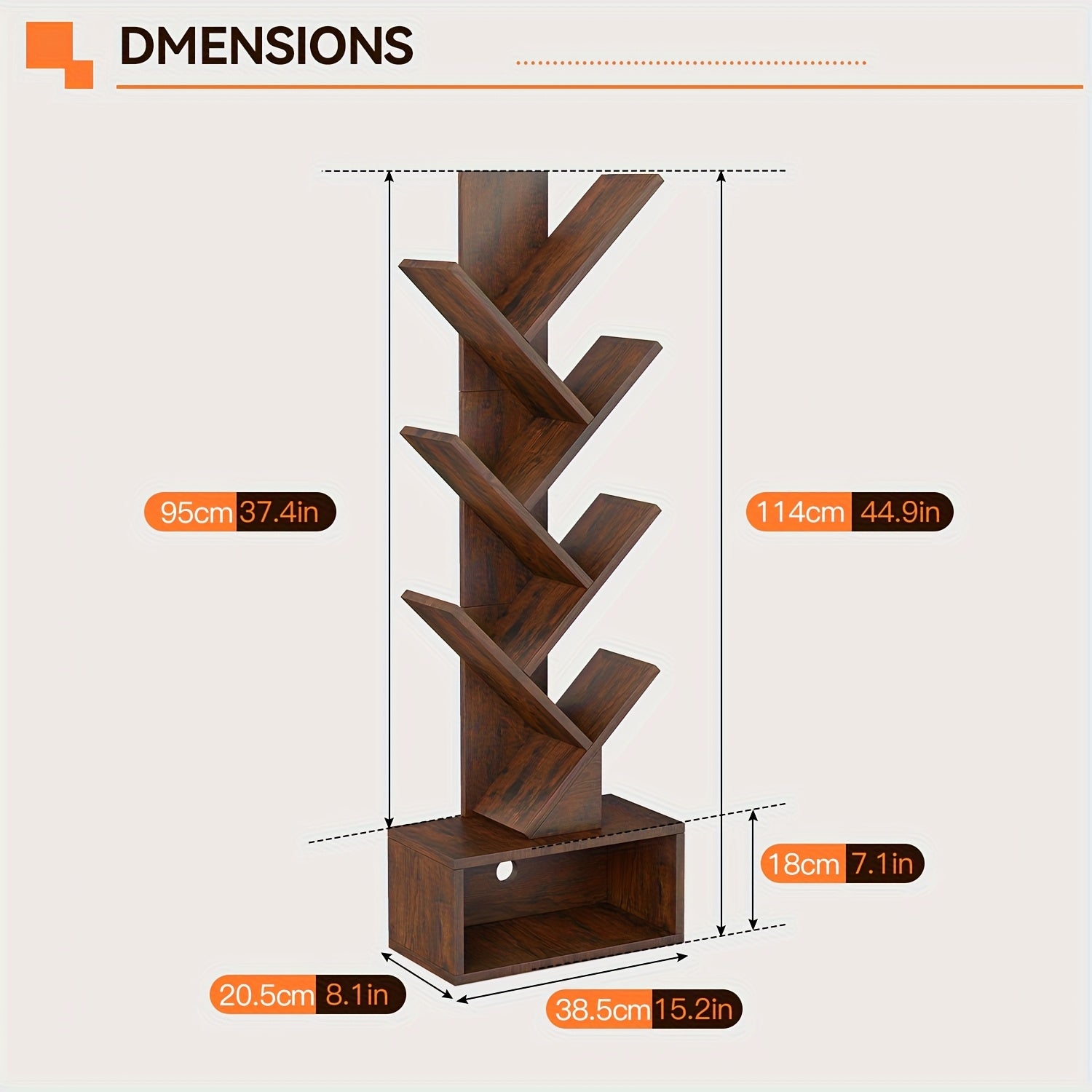 7-Tier Tree Bookshelf for Office, Tall And Slim Organizer, Rustic Brown Freestanding Bookcase with Storage