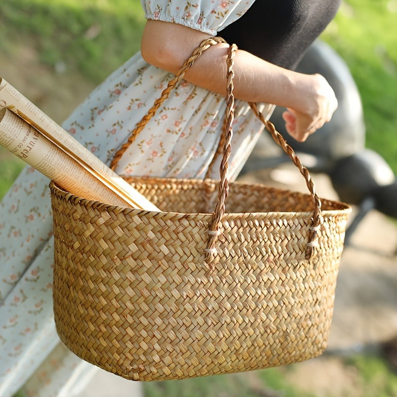 Vintage Handwoven Large Rattan Basket, Creative Outdoor Picnic Basket, Portable Home Storage Shopping Basket