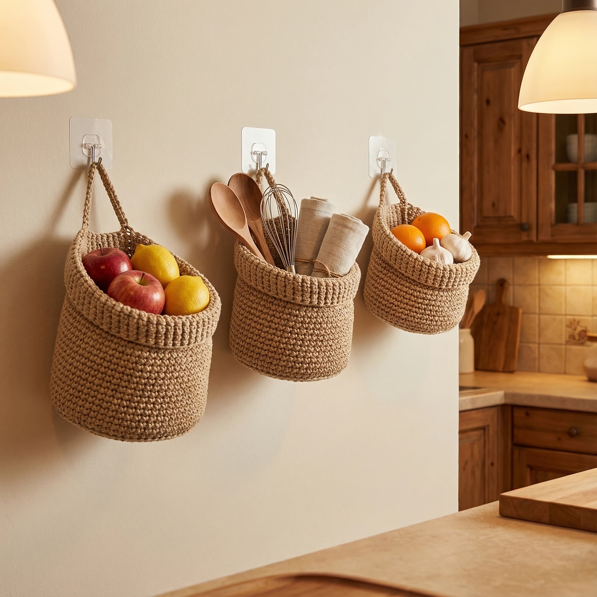 Macrame Hand-Woven Kitchen Hanging Storage Basket, Fruit Mesh Bag, Wall-Mounted Fruit And Vegetable Storage Basket, Fruit And Vegetable Mesh Bag, Kitchen Utensil Storage Mesh Bag