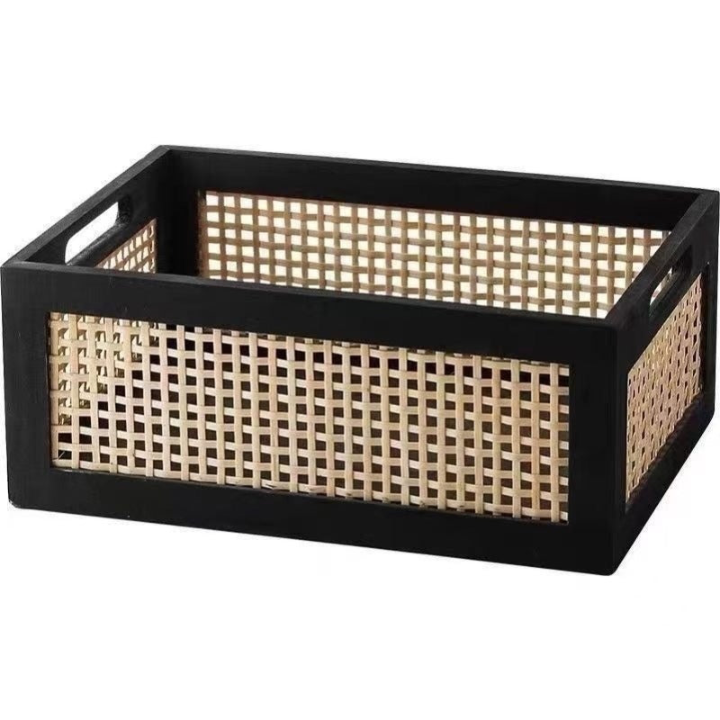 Rattan Woven & Wooden Storage Basket Organizer Box - Rustic Retro Desktop Basket Suitable for Snacks, Cosmetics, Office Supplies, Multipurpose Organizer for Home, Desk,, Bathroom - Space-Saving Clutter-Free Shelf Organizer, Shelf Baskets