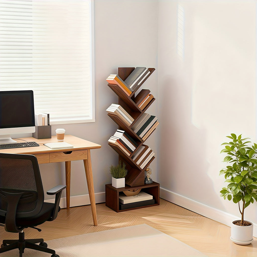 7-Tier Tree Bookshelf for Office, Tall And Slim Organizer, Rustic Brown Freestanding Bookcase with Storage
