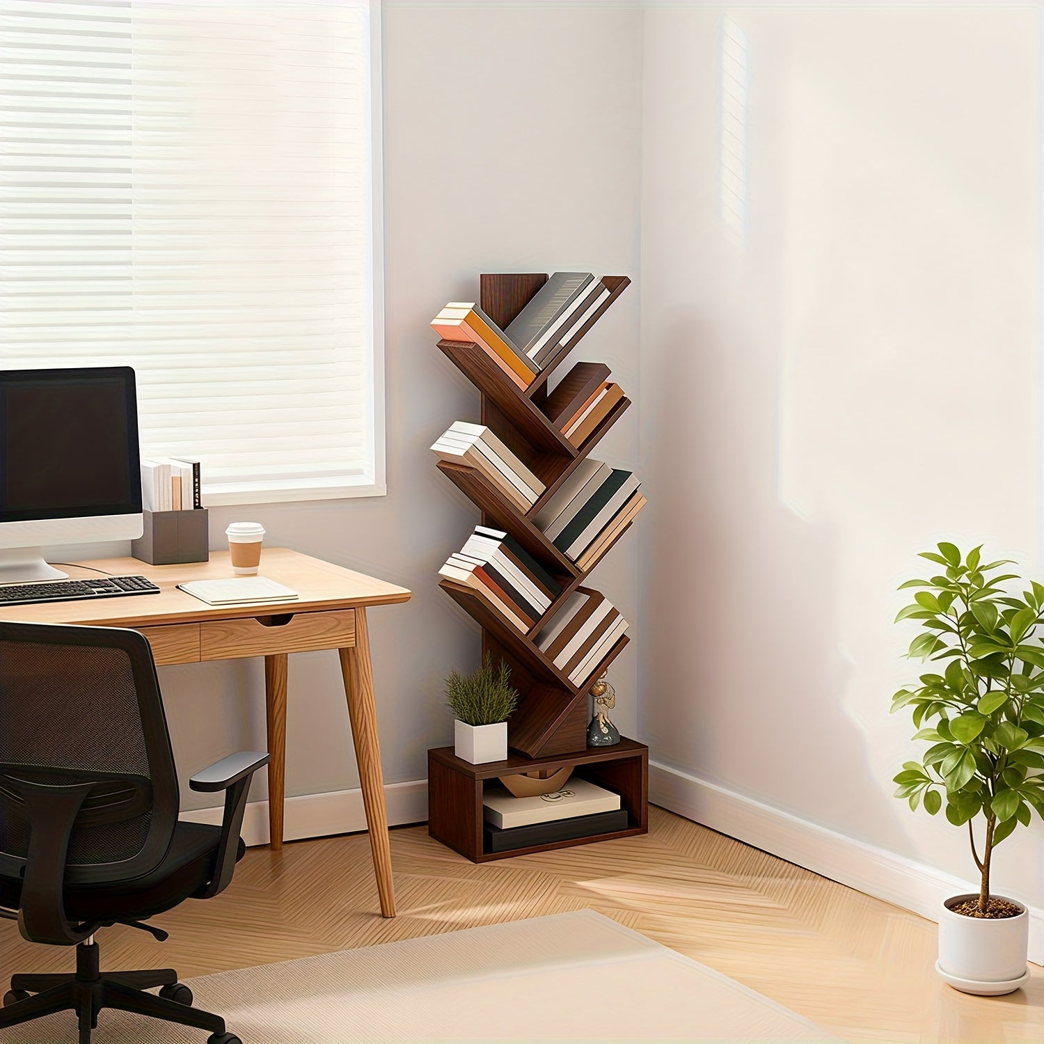 7-Tier Tree Bookshelf for Office, Tall And Slim Organizer, Rustic Brown Freestanding Bookcase with Storage