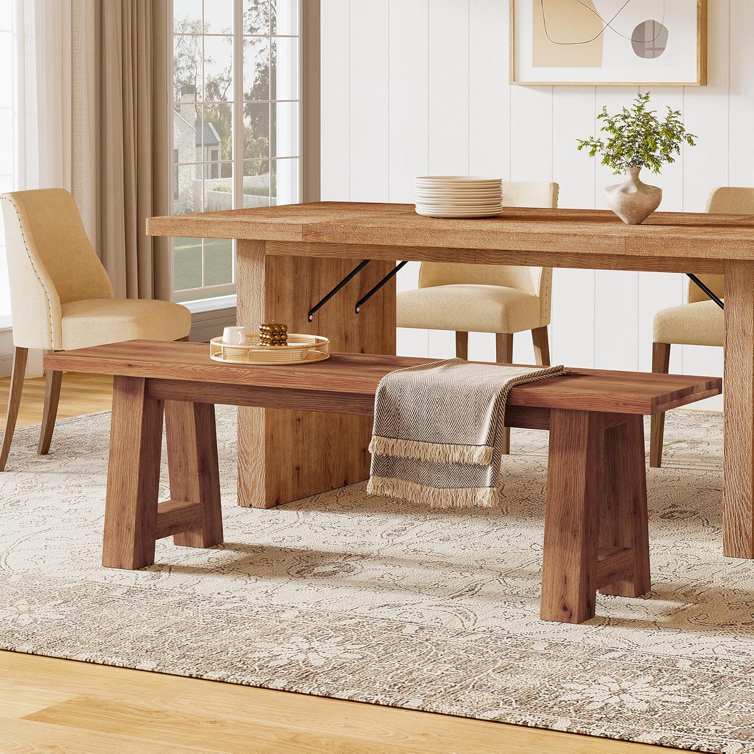 Solid Wood Dining Bench with A-Shaped Legs, 55.12' Farmhouse Indoor Bench for Dining Room, Kitchen, Entryway, Hallway And Living Room