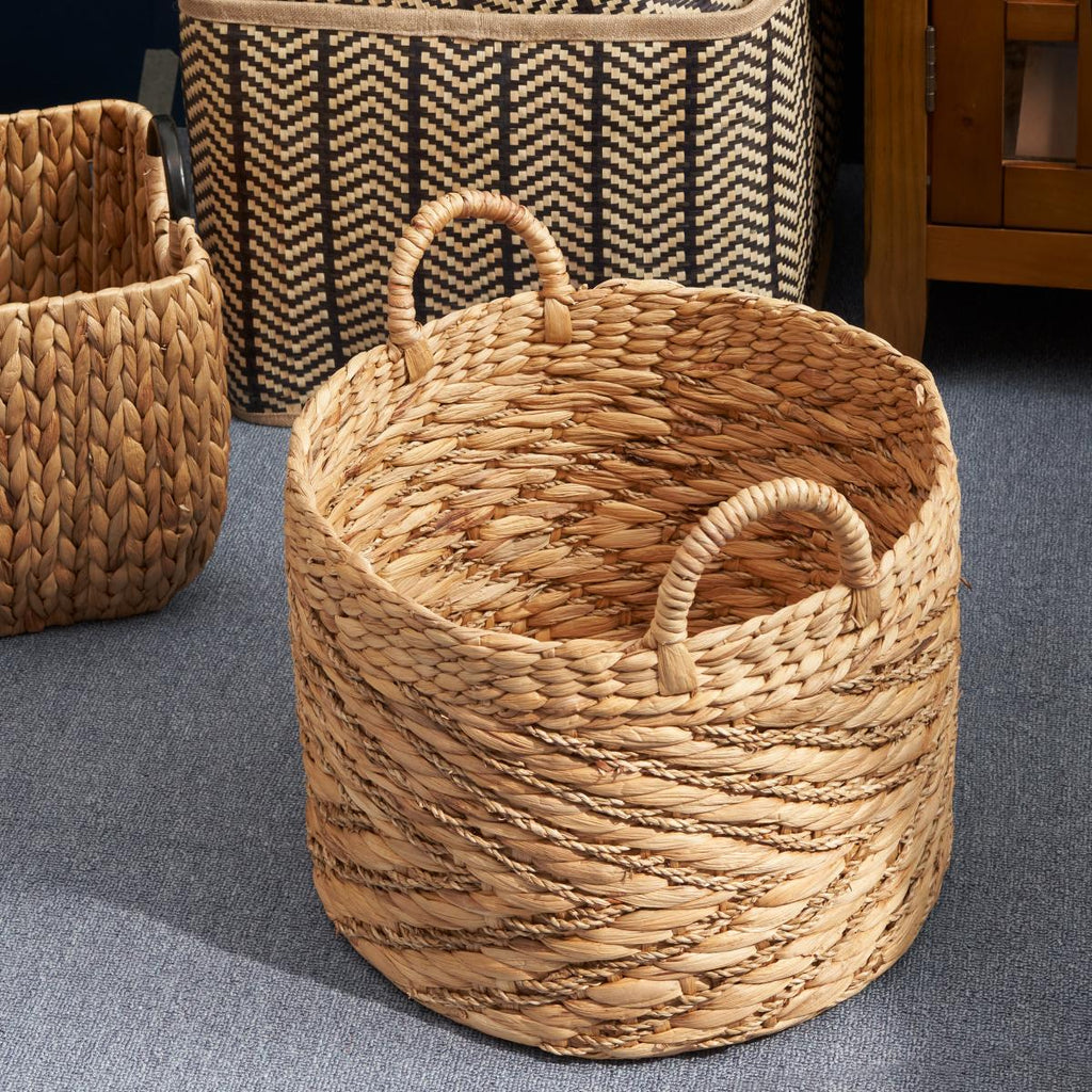 Rustic Round Water Hyacinth Woven Basket with Sturdy Handles - Natural Brown Suitable for Clothes, Towel, Magazine Storage, Farmhouse for, Bathroom, - Basket for Home Decor Accent, Shelf Baskets