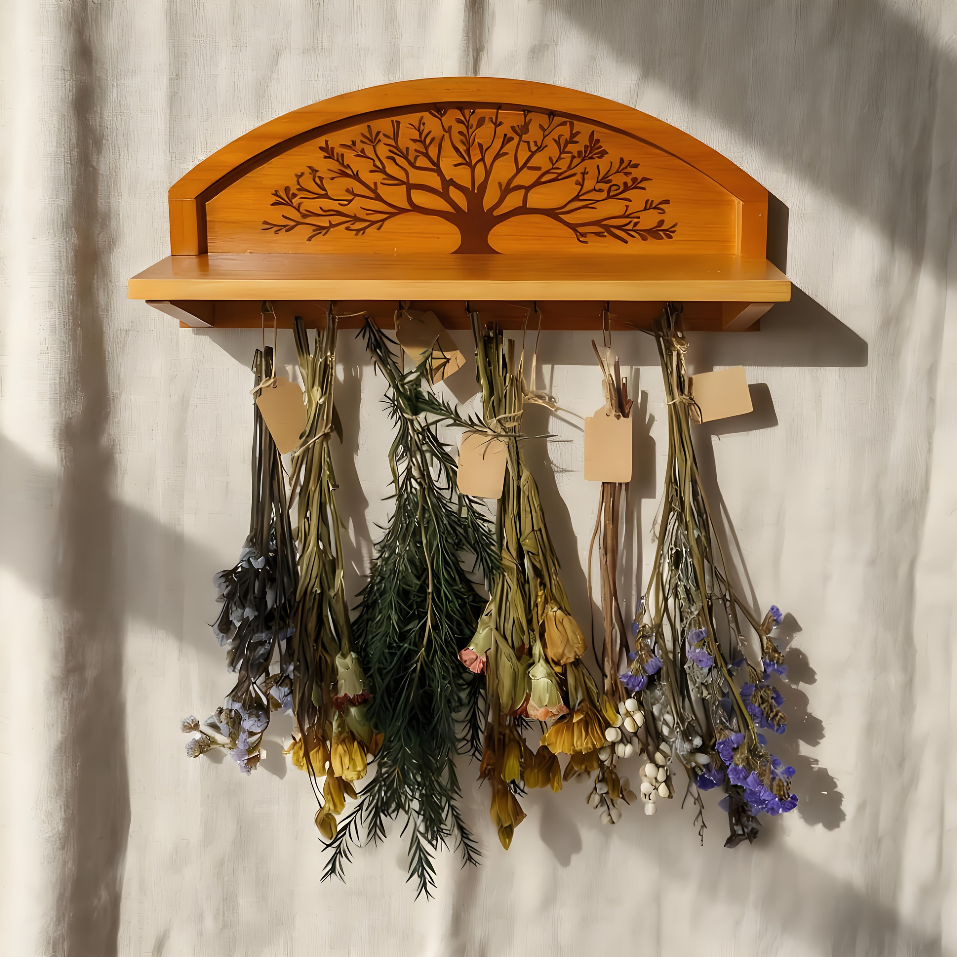 Rustic Herb Drying Rack Hanging - Artistic Life Tree Design Holds 11 Bouquets. Wooden Tree-Shaped Jewelry Holder for Storing Jewelry. Space-Saving Herb & Flower Dryer Wall Decor Art for Kitchen Witches, Gardeners & Crafters - Thanksgiving Gift