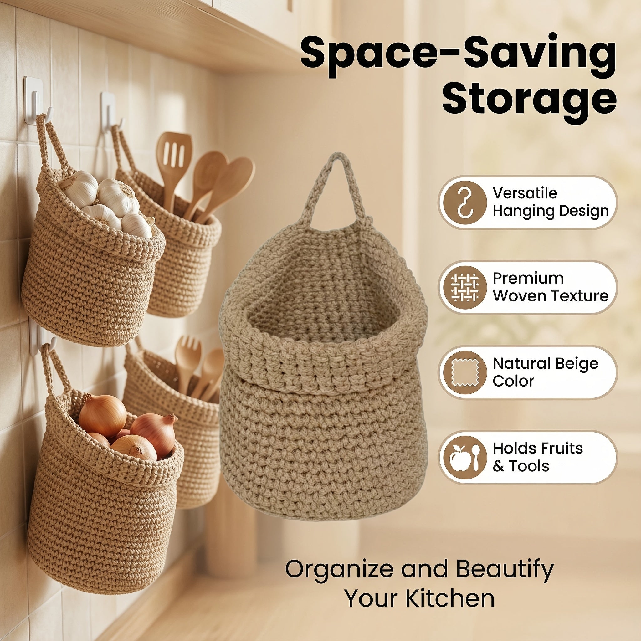 Macrame Hand-Woven Kitchen Hanging Storage Basket, Fruit Mesh Bag, Wall-Mounted Fruit And Vegetable Storage Basket, Fruit And Vegetable Mesh Bag, Kitchen Utensil Storage Mesh Bag