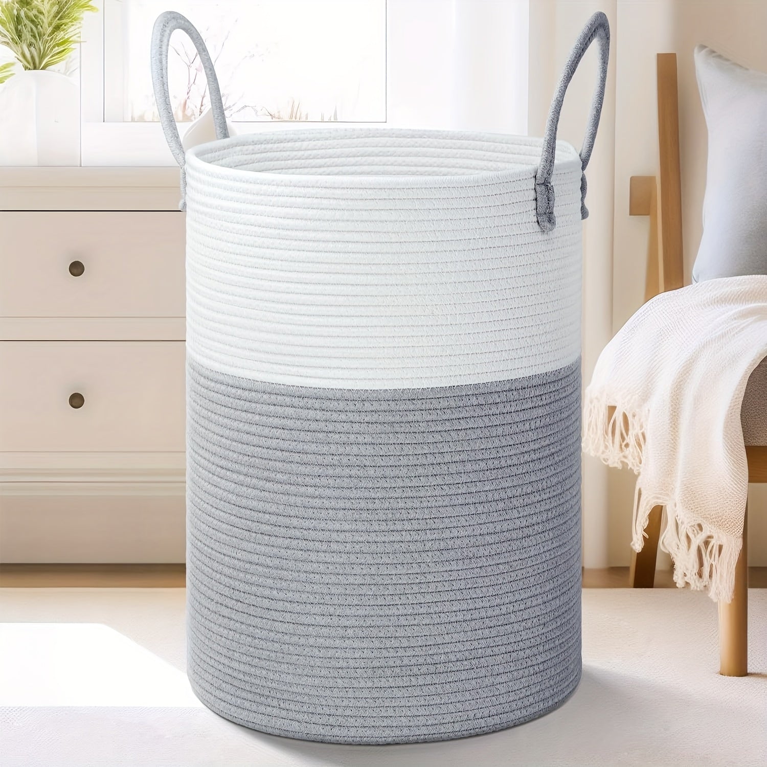 Laundry Basket, Woven Rope Laundry Hamper, 60L\u002F 80L for Decor Storage of Dirty Clothes, Toys and Blankets in Bathroom, Room and Living Room