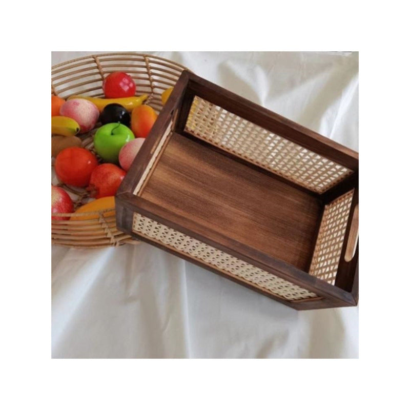 Rattan Woven & Wooden Storage Basket Organizer Box - Rustic Retro Desktop Basket Suitable for Snacks, Cosmetics, Office Supplies, Multipurpose Organizer for Home, Desk,, Bathroom - Space-Saving Clutter-Free Shelf Organizer, Shelf Baskets