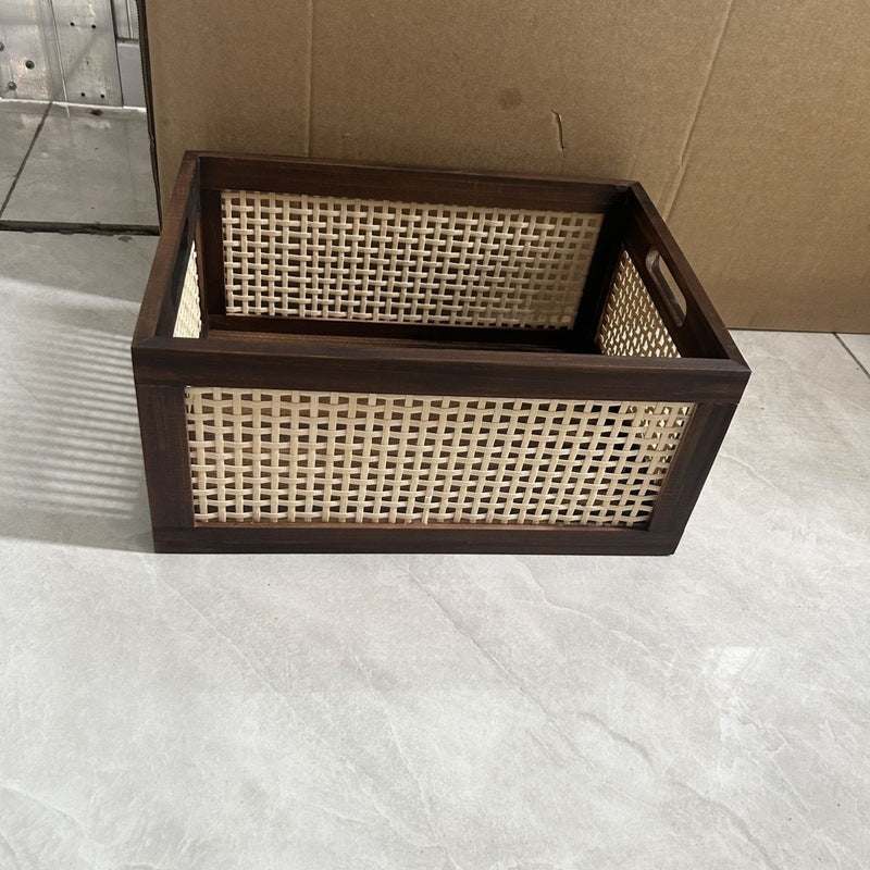 Rattan Woven & Wooden Storage Basket Organizer Box - Rustic Retro Desktop Basket Suitable for Snacks, Cosmetics, Office Supplies, Multipurpose Organizer for Home, Desk,, Bathroom - Space-Saving Clutter-Free Shelf Organizer, Shelf Baskets