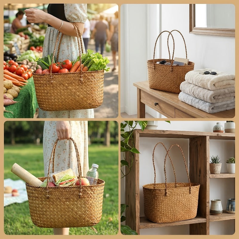 Vintage Handwoven Large Rattan Basket, Creative Outdoor Picnic Basket, Portable Home Storage Shopping Basket