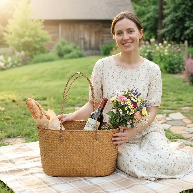 Vintage Handwoven Large Rattan Basket, Creative Outdoor Picnic Basket, Portable Home Storage Shopping Basket