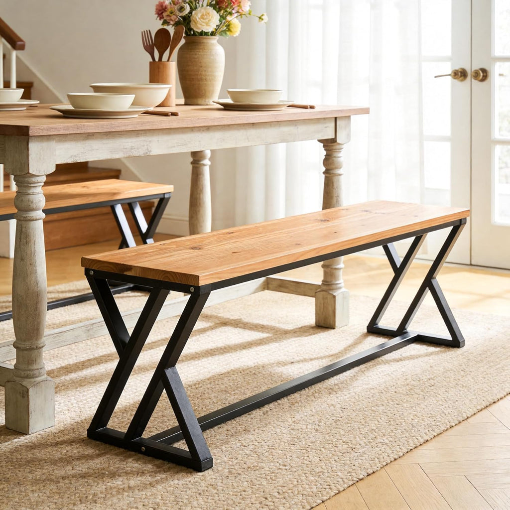 Solid Wood Entryway Bench, 55' Long Shoe Bench with Sturdy Metal Legs, Industrial End of Bed Stool And Dining Bench for Bedroom, Kitchen And Living Room