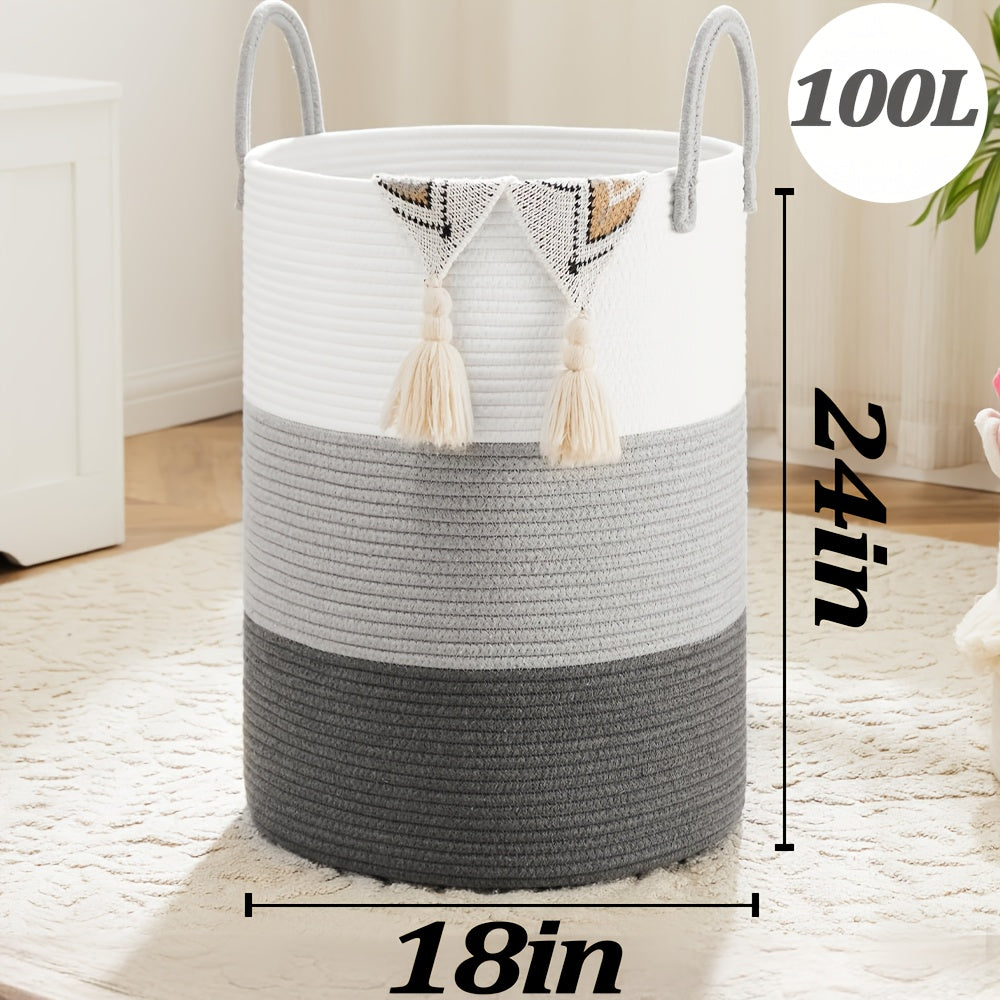 Laundry Basket, Woven Rope Laundry Hamper, 60L\u002F 80L for Decor Storage of Dirty Clothes, Toys and Blankets in Bathroom, Room and Living Room