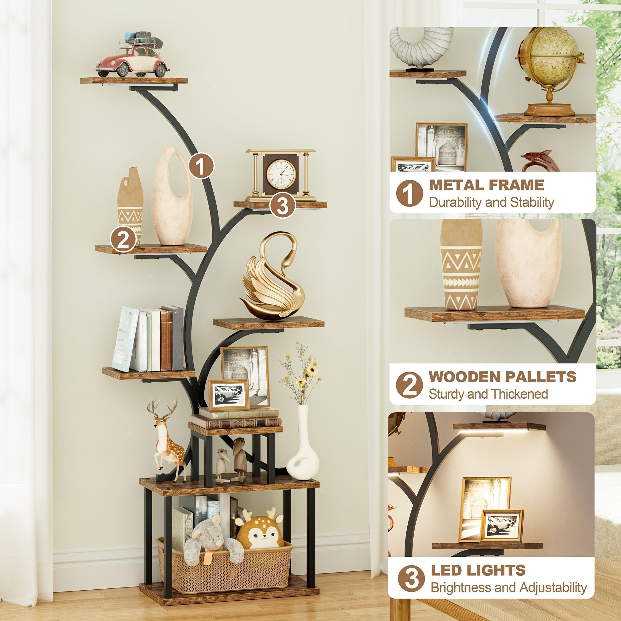 CODACE 1pc Bookcase with LED Lights, 8-tier Corner Display Stand, 62\
