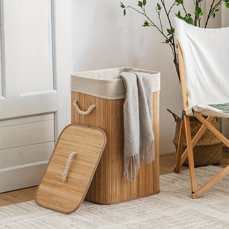 1pc Foldable Bamboo Laundry Basket with Collapsible Frame - Rattan Clothes Hamper, Space-Saving Rectangular Storage Bin for ' Room,, Dorm, Bathroom Organization (Easy Assembly), Laundry Baskets