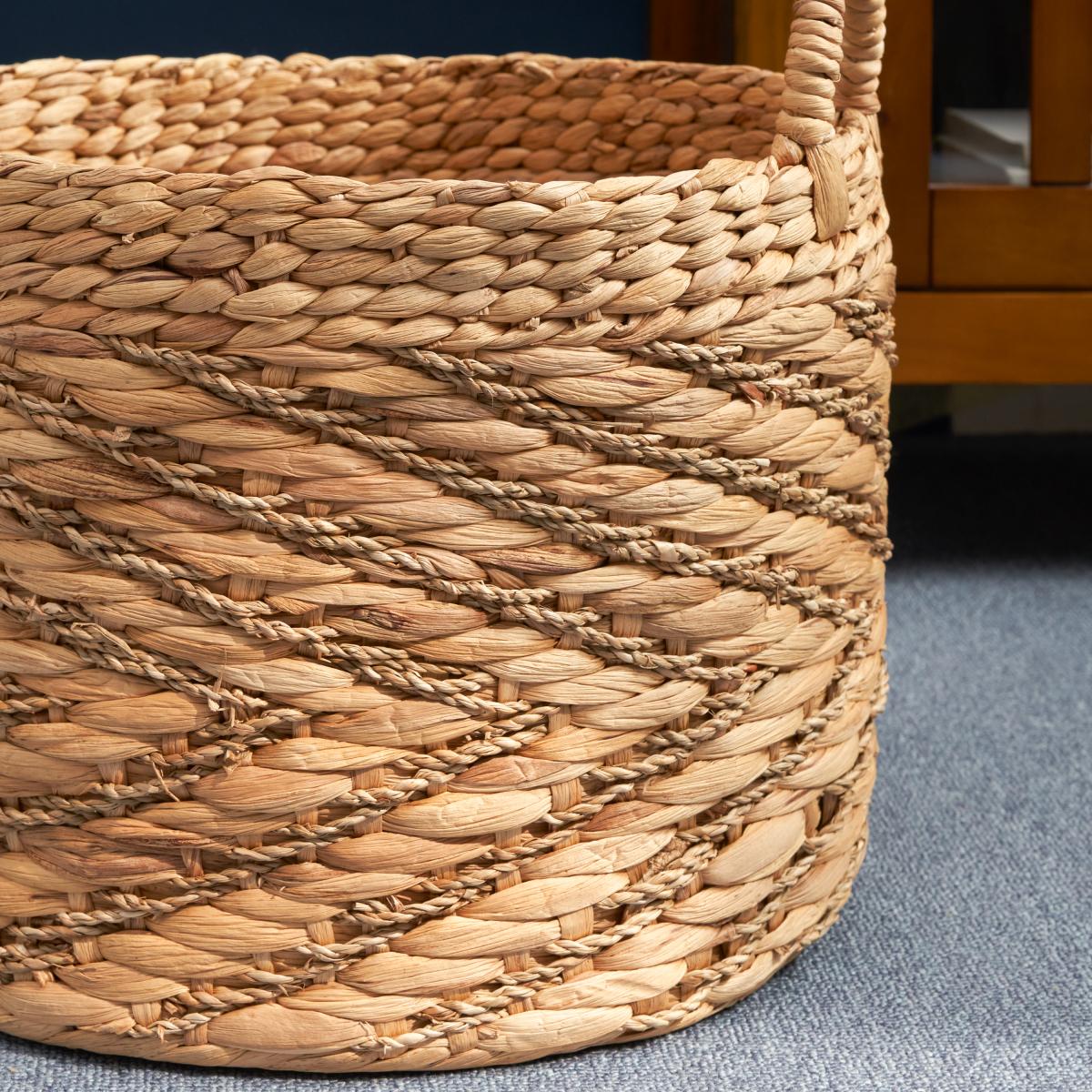 Rustic Round Water Hyacinth Woven Basket with Sturdy Handles - Natural Brown Suitable for Clothes, Towel, Magazine Storage, Farmhouse for, Bathroom, - Basket for Home Decor Accent, Shelf Baskets