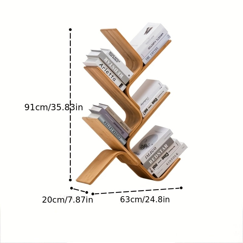 Creative Tree-Shaped Bookshelf - Curved Hardwood Bookcase with 3-Tier Storage, Space-Saving Design for Living Room, Bedroom, or Classroom Decor