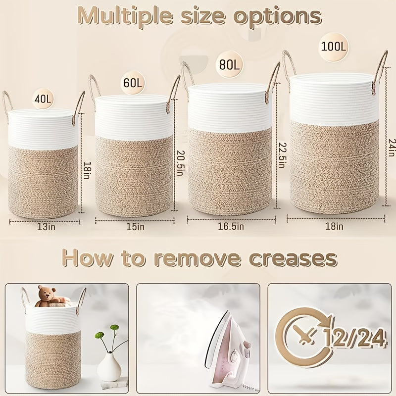 Laundry Basket, Woven Rope Laundry Hamper, 60L\u002F 80L for Decor Storage of Dirty Clothes, Toys and Blankets in Bathroom, Room and Living Room