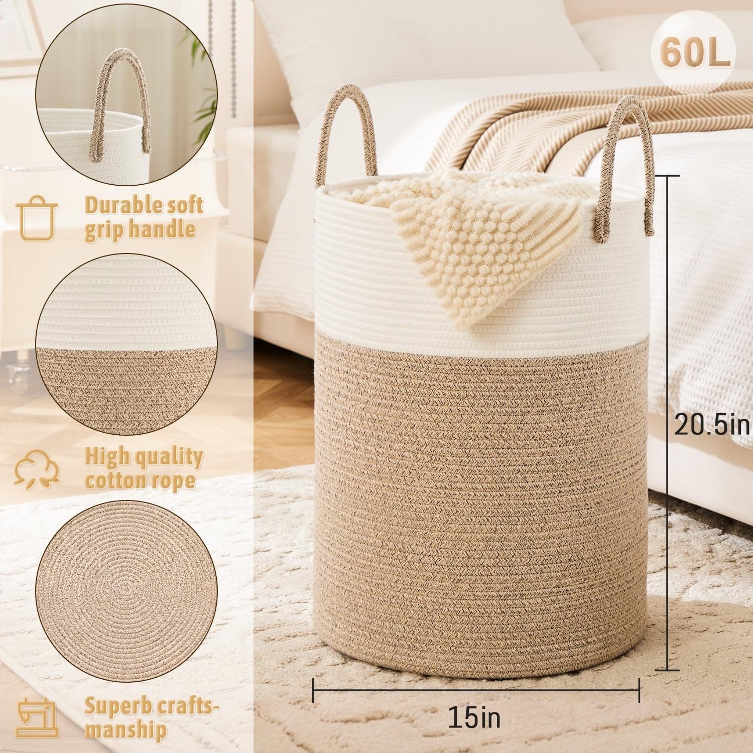 Laundry Basket, Woven Rope Laundry Hamper, 60L\u002F 80L for Decor Storage of Dirty Clothes, Toys and Blankets in Bathroom, Room and Living Room
