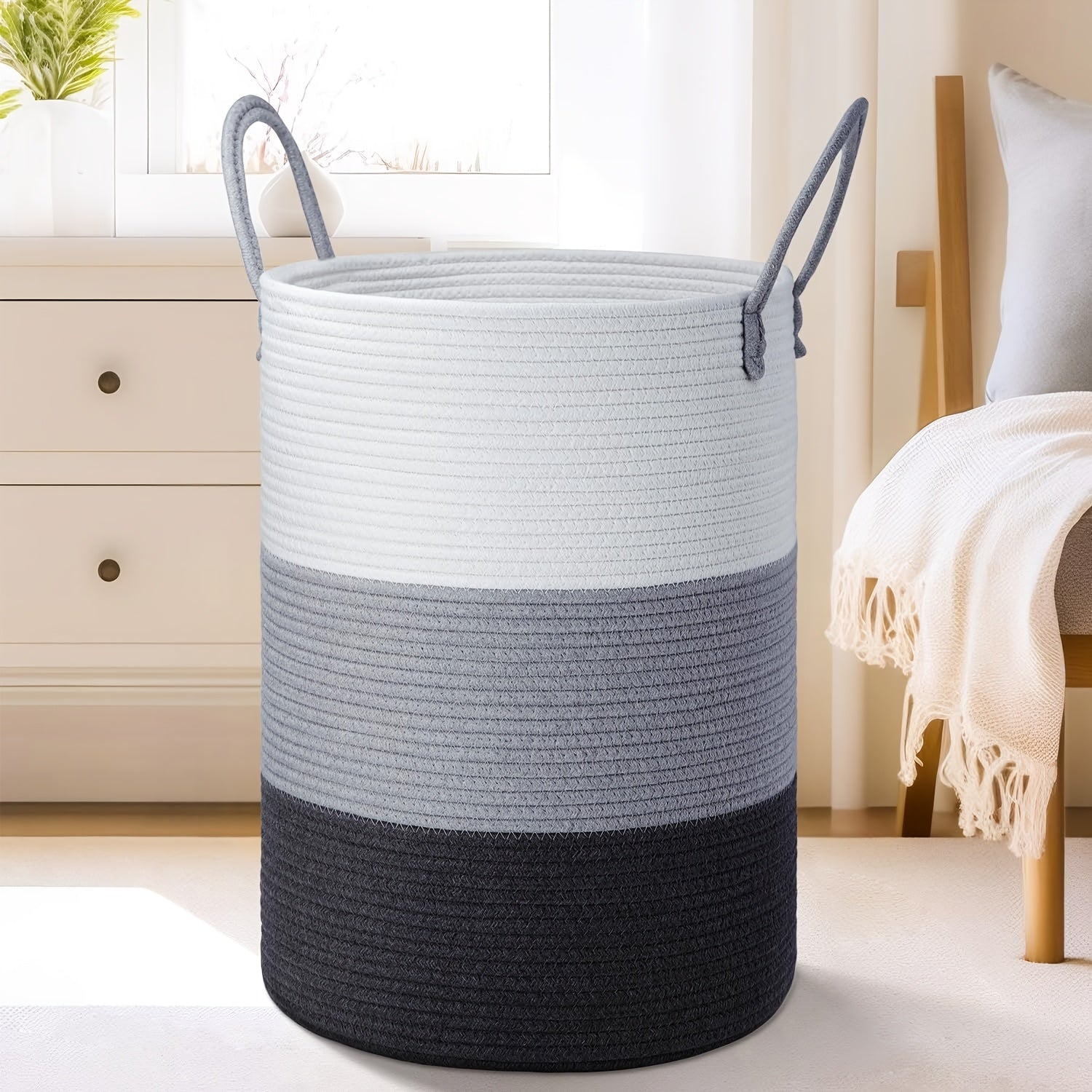 Laundry Basket, Woven Rope Laundry Hamper, 60L\u002F 80L for Decor Storage of Dirty Clothes, Toys and Blankets in Bathroom, Room and Living Room