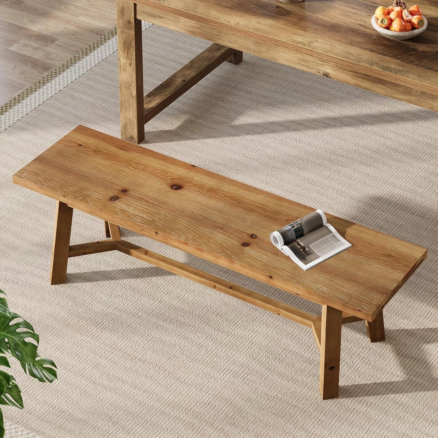 55.12-Inch Solid Wood Dining Bench, Farmhouse Long Kitchen Bench with Strengthened Legs for Dining Room, Kitchen, Restaurant, Natural Brown