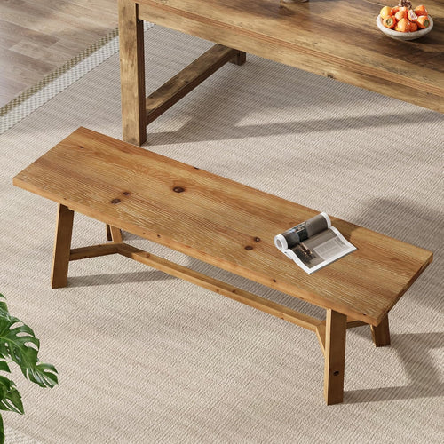 55.12-Inch Solid Wood Dining Bench, Farmhouse Long Kitchen Bench with Strengthened Legs for Dining Room, Kitchen, Restaurant, Natural Brown