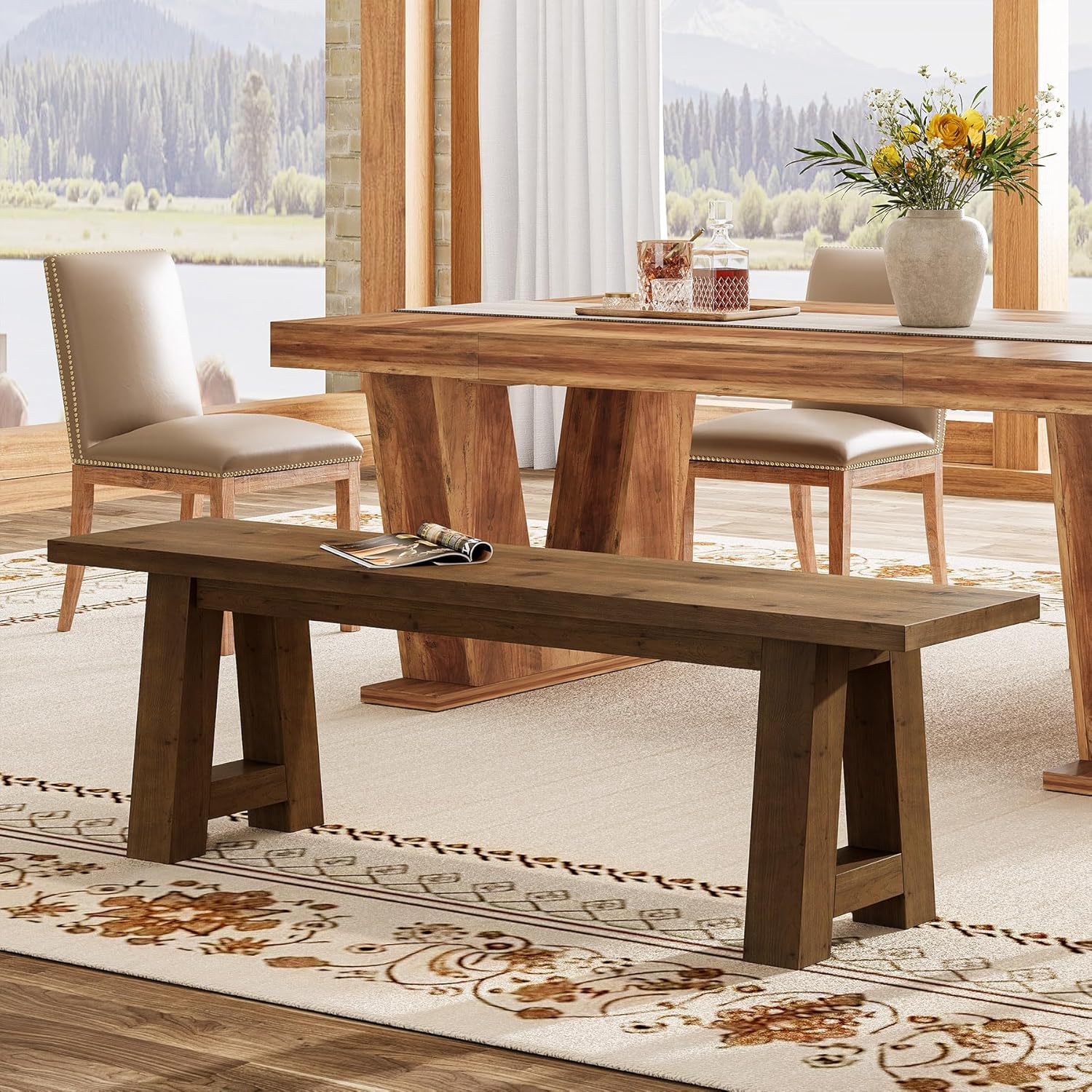 Solid Wood Dining Bench with A-Shaped Legs, 55.12' Farmhouse Indoor Bench for Dining Room, Kitchen, Entryway, Hallway And Living Room