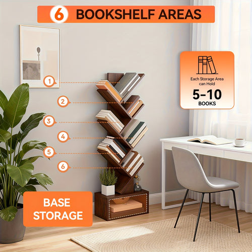 7-Tier Tree Bookshelf for Office, Tall And Slim Organizer, Rustic Brown Freestanding Bookcase with Storage