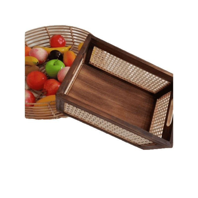 Rattan Woven & Wooden Storage Basket Organizer Box - Rustic Retro Desktop Basket Suitable for Snacks, Cosmetics, Office Supplies, Multipurpose Organizer for Home, Desk,, Bathroom - Space-Saving Clutter-Free Shelf Organizer, Shelf Baskets