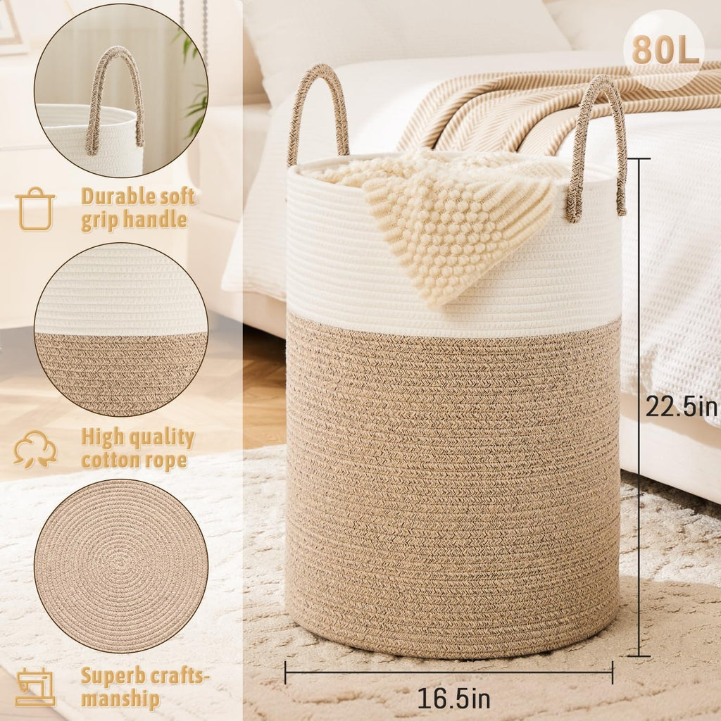 Laundry Basket, Woven Rope Laundry Hamper, 60L\u002F 80L for Decor Storage of Dirty Clothes, Toys and Blankets in Bathroom, Room and Living Room