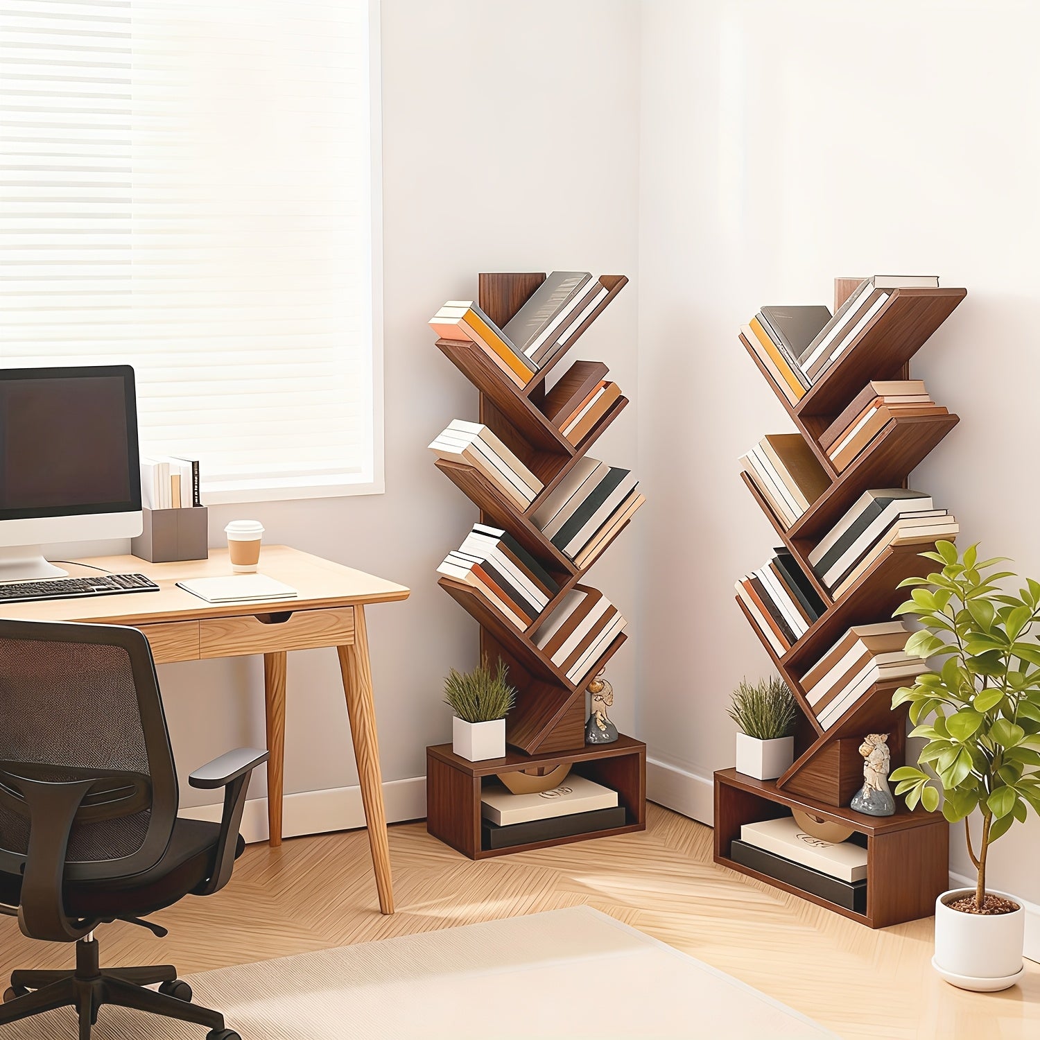 7-Tier Tree Bookshelf for Office, Tall And Slim Organizer, Rustic Brown Freestanding Bookcase with Storage
