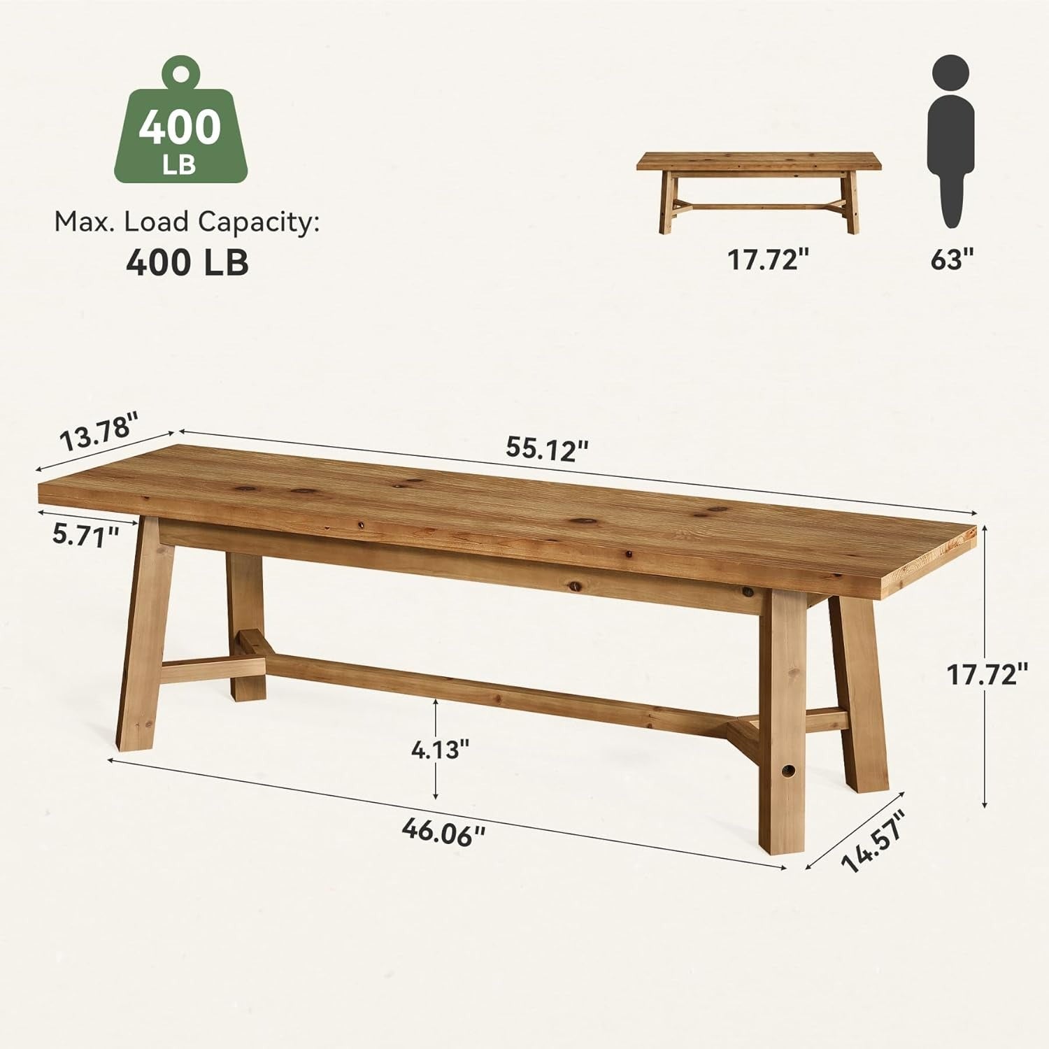 55.12-Inch Solid Wood Dining Bench, Farmhouse Long Kitchen Bench with Strengthened Legs for Dining Room, Kitchen, Restaurant, Natural Brown
