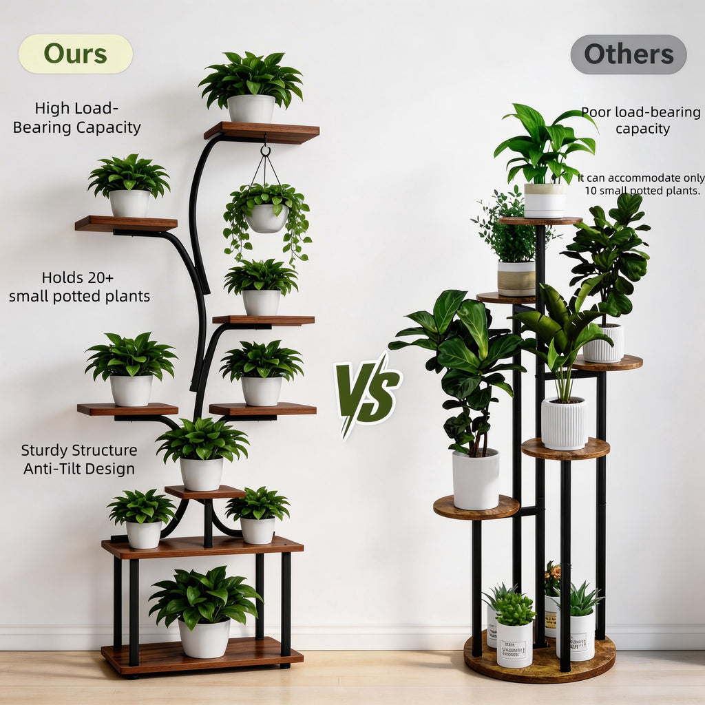 Tree-Style Multi-Tier Floor-Standing Plant Stand - Wrought Iron Structure - Indoor Living Room Greenery Display Rack - Pet-Safe Design - Space-Saving Wall-Hugging Placement