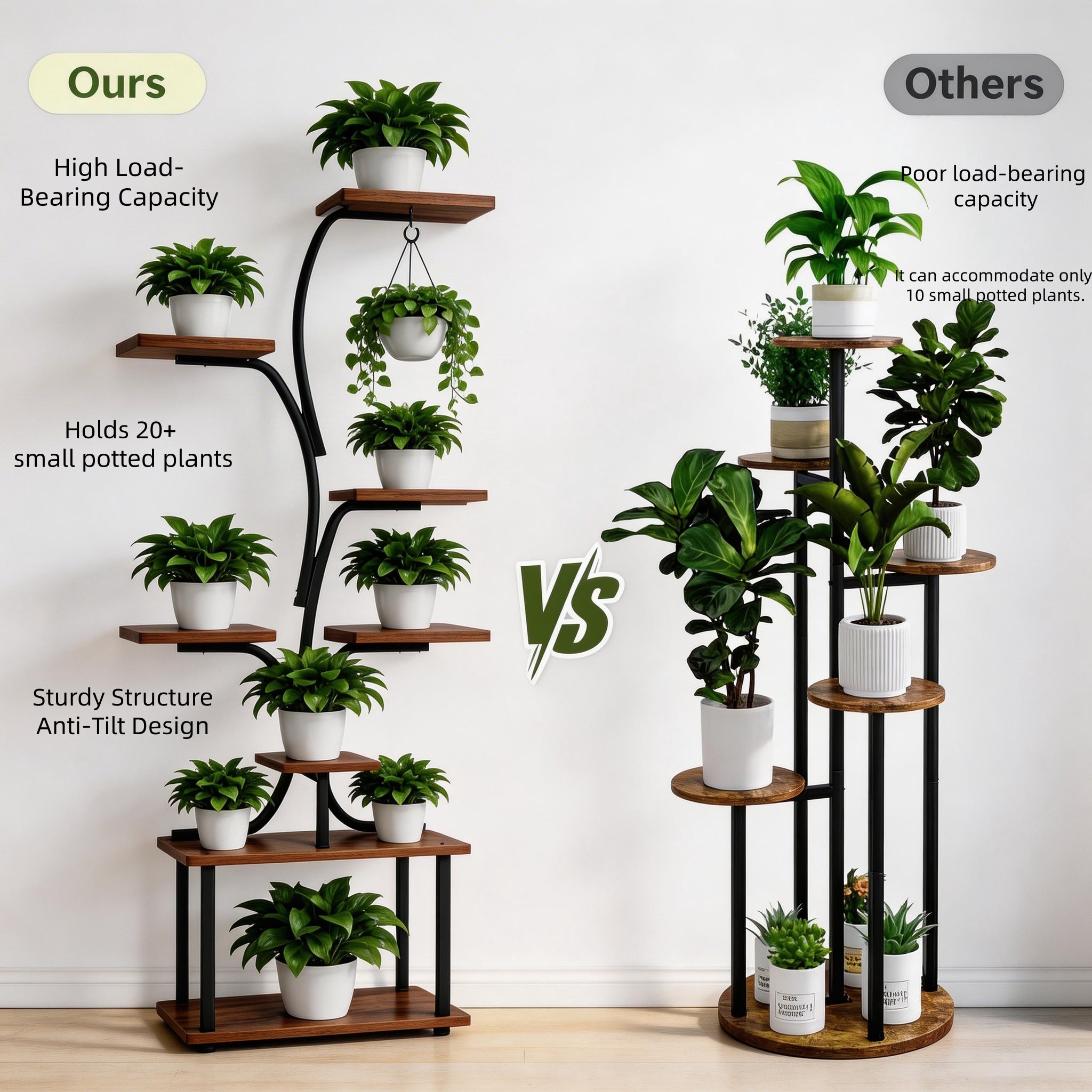 Tree-Style Multi-Tier Floor-Standing Plant Stand - Wrought Iron Structure - Indoor Living Room Greenery Display Rack - Pet-Safe Design - Space-Saving Wall-Hugging Placement