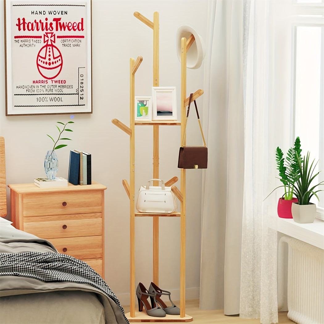 Bamboo Coat Stand Rack: Corner Clothes Hanger Sturdy with Shelf Wooden Coat Tree with 10 Hanging Hooks for Clothes, Coat Hat, Umbrella, Hallway Bedroom Entryway 64.17 x 13.78 x 13.78inch