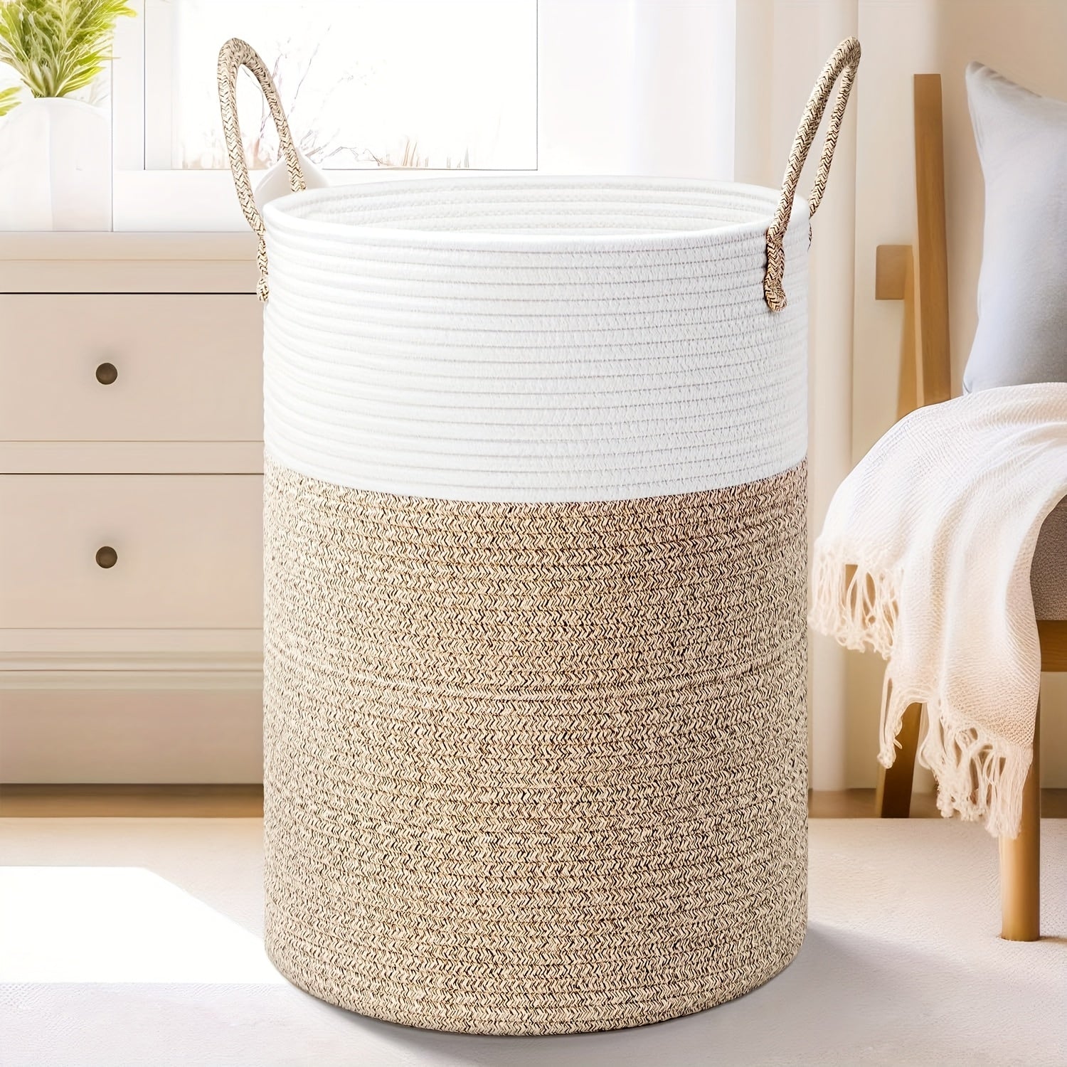 Laundry Basket, Woven Rope Laundry Hamper, 60L\u002F 80L for Decor Storage of Dirty Clothes, Toys and Blankets in Bathroom, Room and Living Room