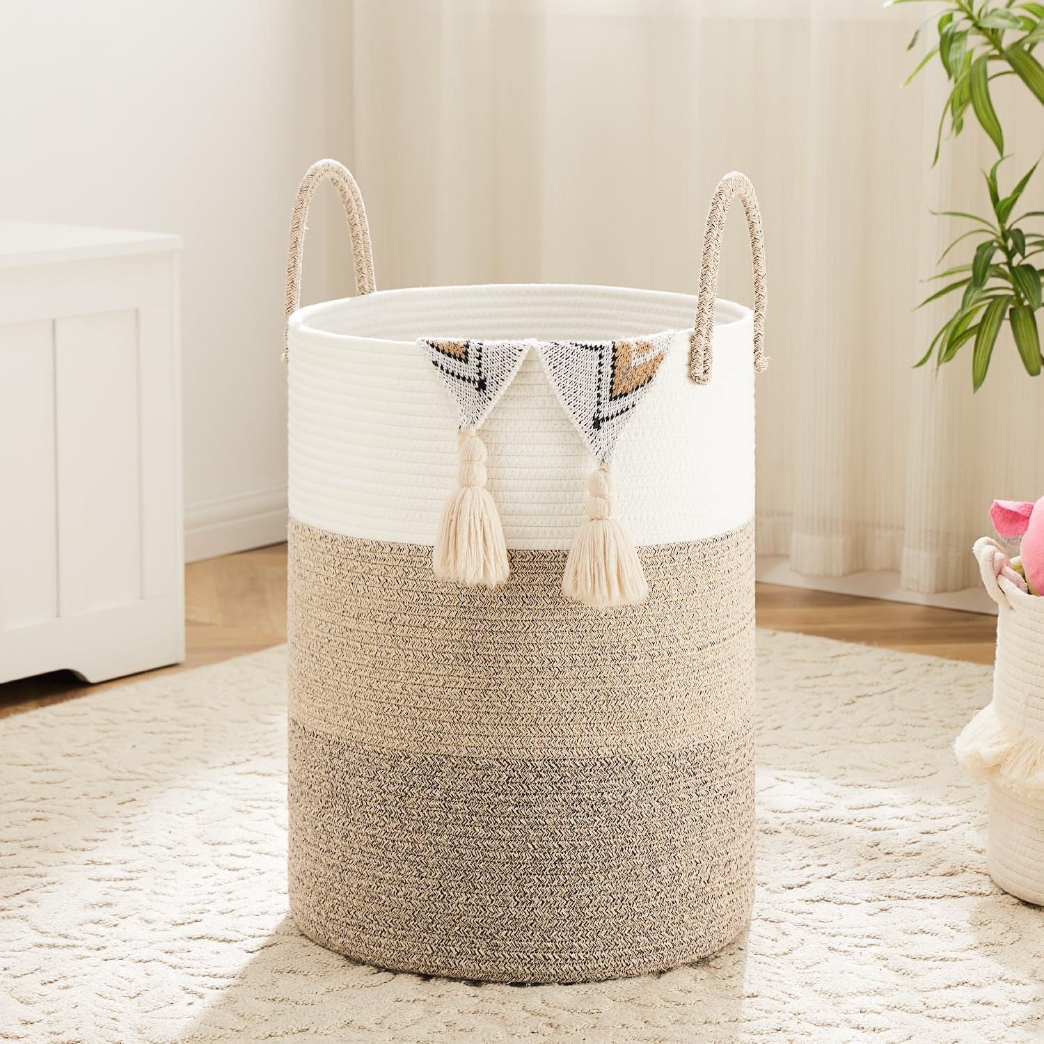 Laundry Basket, Woven Rope Laundry Hamper, 60L\u002F 80L for Decor Storage of Dirty Clothes, Toys and Blankets in Bathroom, Room and Living Room