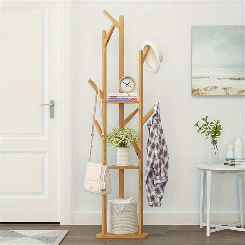 Bamboo Coat Stand Rack: Corner Clothes Hanger Sturdy with Shelf Wooden Coat Tree with 10 Hanging Hooks for Clothes, Coat Hat, Umbrella, Hallway Bedroom Entryway 64.17 x 13.78 x 13.78inch