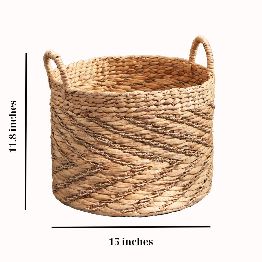 Rustic Round Water Hyacinth Woven Basket with Sturdy Handles - Natural Brown Suitable for Clothes, Towel, Magazine Storage, Farmhouse for, Bathroom, - Basket for Home Decor Accent, Shelf Baskets