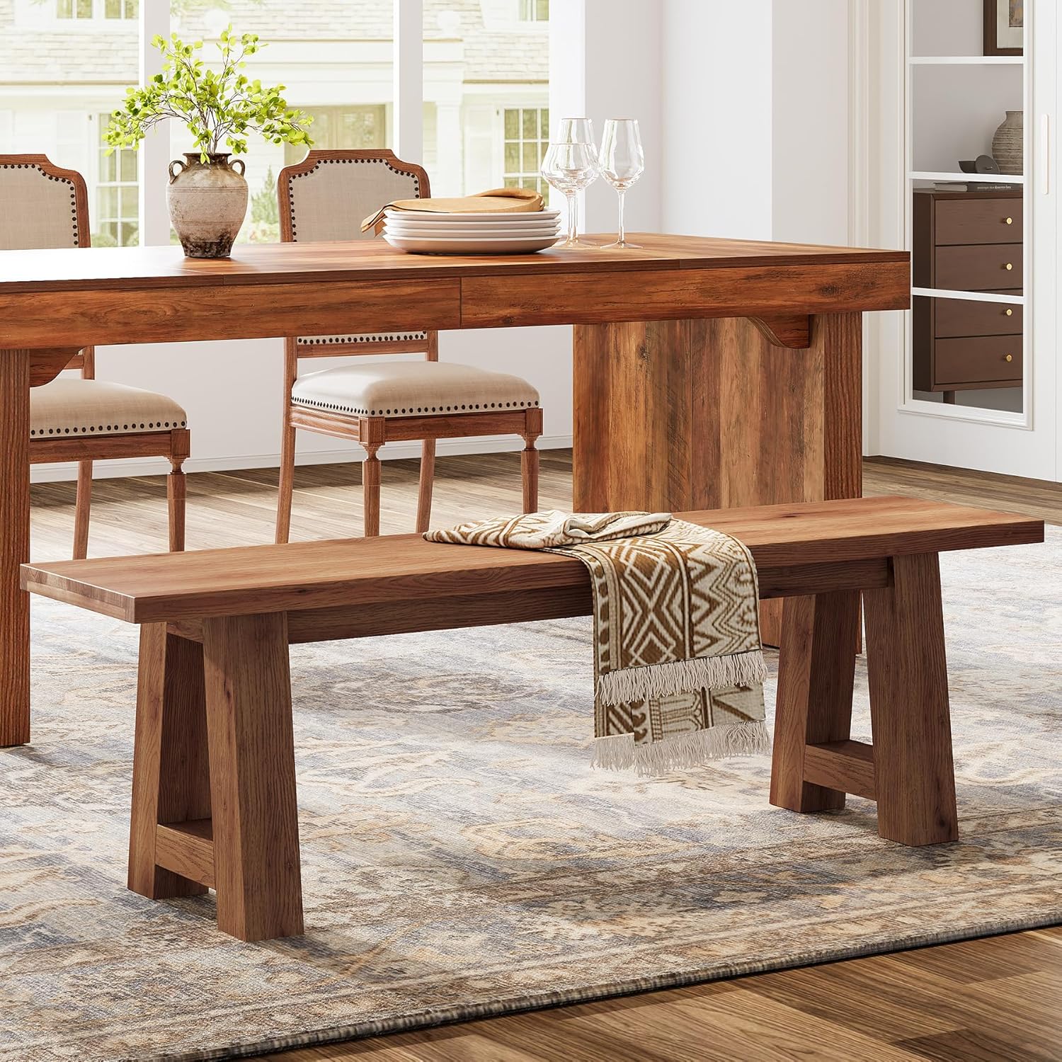 Solid Wood Dining Bench with A-Shaped Legs, 55.12' Farmhouse Indoor Bench for Dining Room, Kitchen, Entryway, Hallway And Living Room