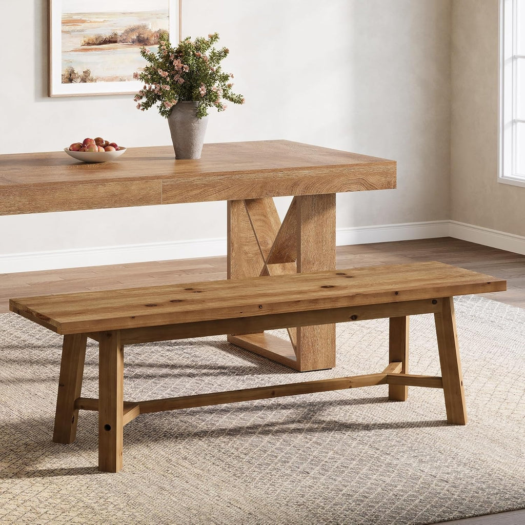 55.12-Inch Solid Wood Dining Bench, Farmhouse Long Kitchen Bench with Strengthened Legs for Dining Room, Kitchen, Restaurant, Natural Brown