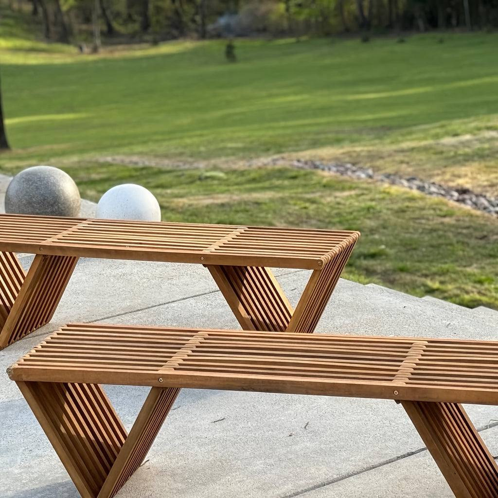 Acacia Wood Plank Design Terrace Bench | Solid and Comfortable, Fashionable Geometric Creativity, Elegant and Durable Multi-functional Outdoor Decorative Bench, Dining Chair, Leisure Balcony Garden Chair, Brown Hardwood